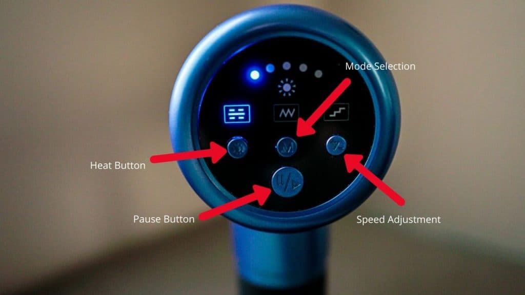 overview of controls on rear of the LifePro Fusion FX Heated Massage Gun